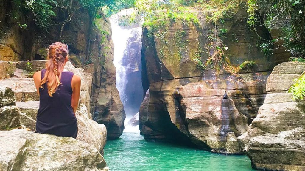 Cunca Wulang Waterfall canyon with clear water during the dry season in Flores Indonesia