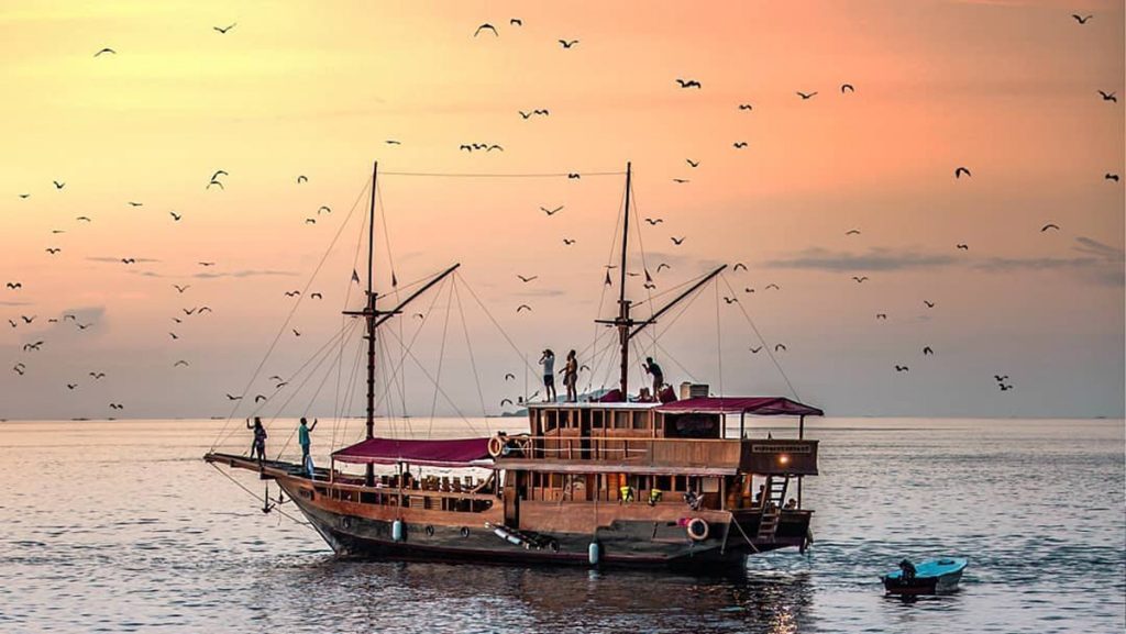 phinisi boat surrounded by flying bats at sunset in kalong island
