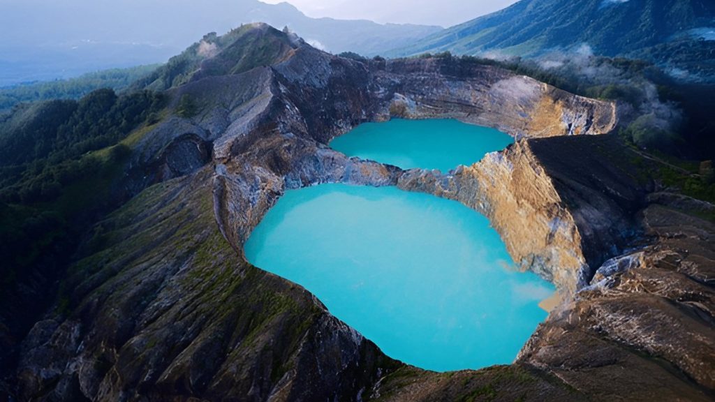 Kelimutu crater lakes viewed from above in Ende Flores Indonesia