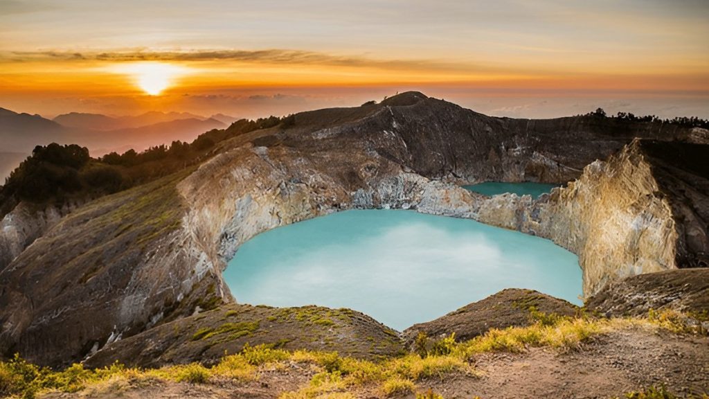 Sunrise view over Kelimutu crater lake in Flores Indonesia
