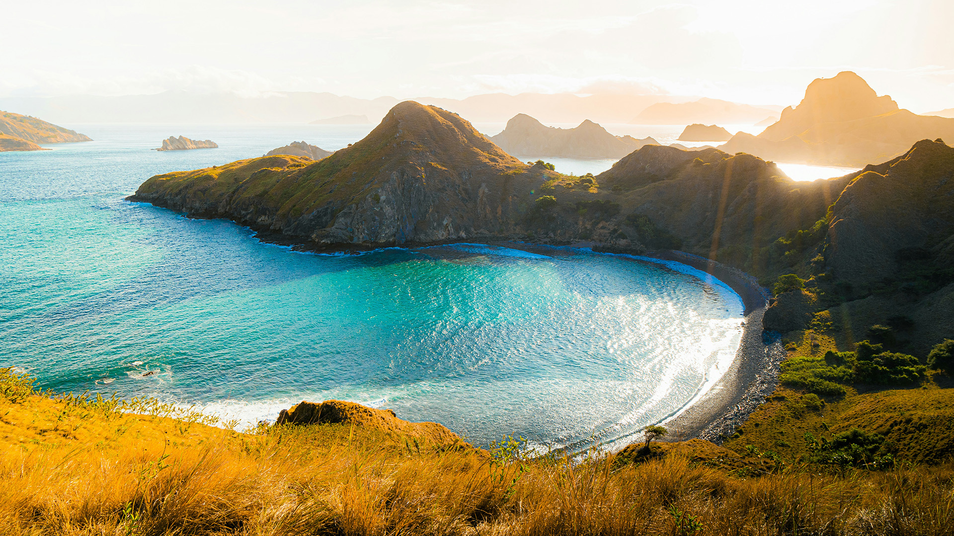 padar island viewpoint overlooking turquoise bay in komodo national park indonesia