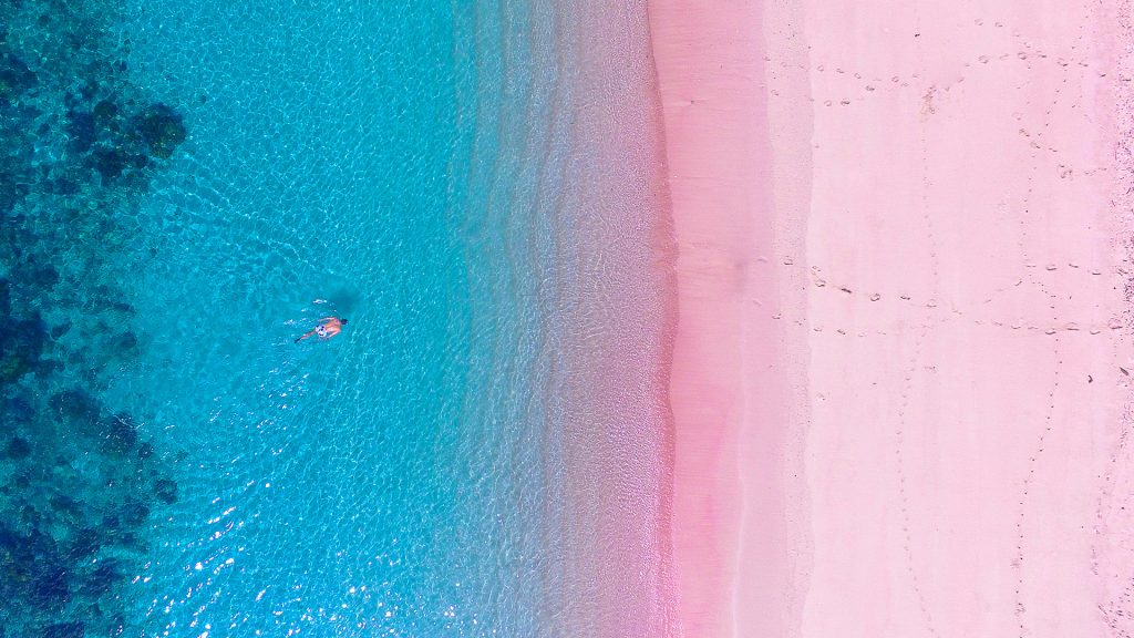pink beach in komodo national park with pink sand and clear turquoise water