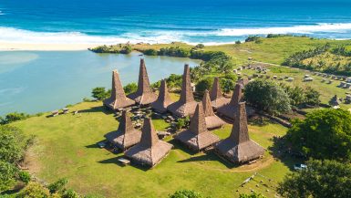aerial view of ratenggaro traditional village on the coast of sumba island