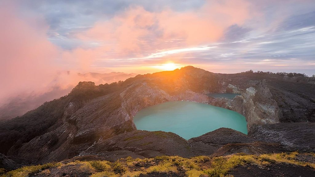volcanic crater lakes of Kelimutu with changing colors in Kelimutu National Park Flores Indonesia