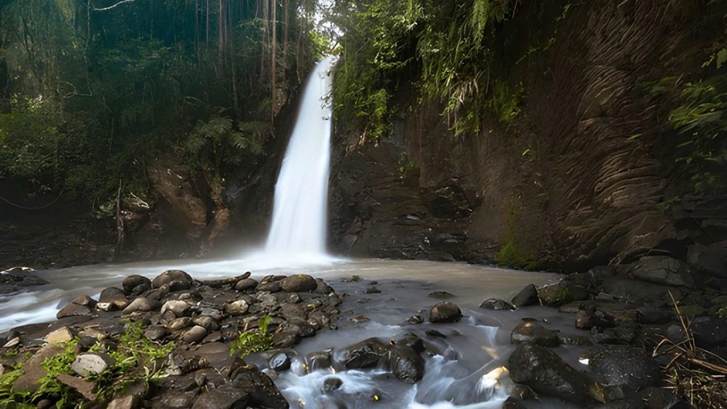 Moni Waterfall cascading into a natural pool surrounded by forest in Ende Flores Indonesia
