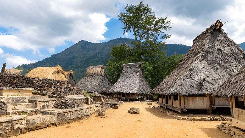 Stone pathway inside Wologai Traditional Village with traditional houses and mountain scenery in Ende Flores