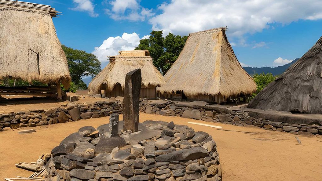 Stone altar in Tubu Kanga sacred courtyard at Wologai Traditional Village Flores Indonesia