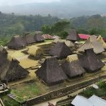 Aerial view of Wologai Traditional Village on a hilltop with Lio traditional houses in Ende Flores Indonesia