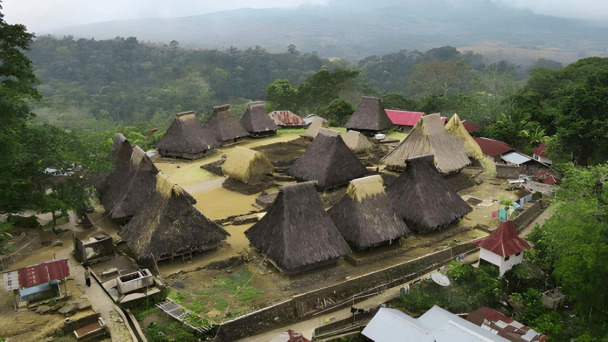 Aerial view of Wologai Traditional Village on a hilltop with Lio traditional houses in Ende Flores Indonesia