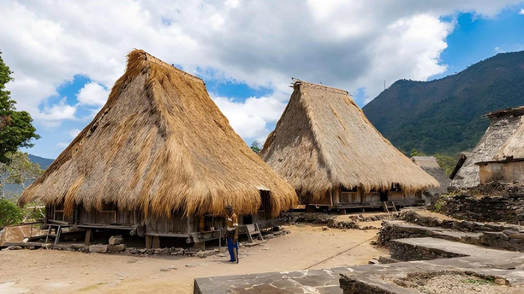 Traditional houses of Wologai Village under clear blue sky during dry season in Ende Flores Indonesia