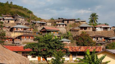 Wolotopo Traditional Village on a hillside with stone terraces and traditional houses in Ende Flores Indonesia